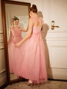 SHEIN Hochwertiges Cocktail-Kleid für Teenager Mädchen mit einem Schulter und Schlitz, geeignet für Blumenmädchen, Hochzeit, Party, Aufführung, passend für Weihnachten, Halloween, Erntedankfest - Pink - Übersicht 2