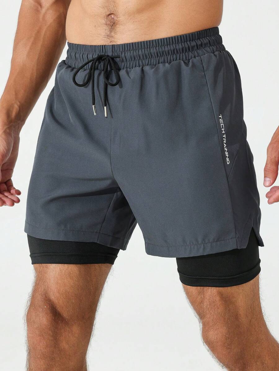 Manfinity Sport Corelite Boyfriend Style Men Drawstring Waist 2 In 1 Sports Stretchy Shorts With Phone Pocket Gym Shorts Grey Shorts - Dark Grey - View 1