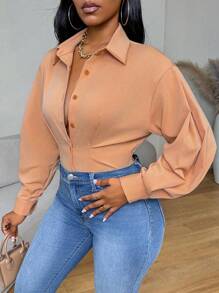 Zolique Women's Camel Autumn Elegant Office Solid Color Dropped Shoulder Long Sleeve Fitted Waist Short Shirt,Spring & Summer Texture Fabric Back To Work - Rust Brown - View 6