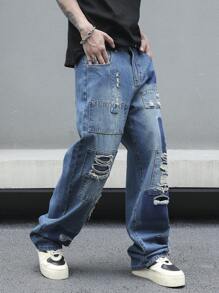 Manfinity Roghcode Jeans de pierna recta desgastados casuales holgados para hombre - Lavado ligero - Ver 4