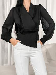 Modelyn Áo khoác Blazer dài tay cổ tròn màu trơn cho nữ - màu đen - Xem 7