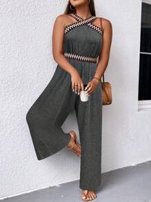 SHEIN Clasi Plus Size Graphic Print Tube Top Jumpsuit For Casual Vacation - Dark Grey - View 4