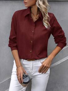 EMERY ROSE Women's Solid Color Button Front Long Sleeve Casual Shirt, Blouse,Long Sleeve Tops - Burgundy - View 6