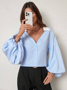 SHEIN Privé Women's Elegant Resort & Office Stylish Lantern Sleeve Button V-Neck Polka Dot Print White Shirt Old Money Quiet Luxury Fall Clothes Work Women Blouses Fall Blouses. White Collar Shirt