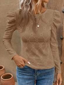 SHEIN Clasi Áo thun tay bồng thêu lỗ nhỏ - Màu Khaki - Xem 3