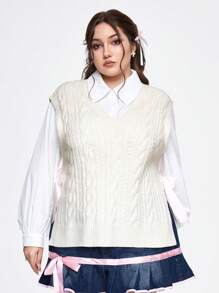 ROMWE Kawaii Plus Size Casual Bow-Tied Braided Knitted Vest