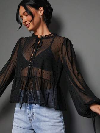 WESTFADE Sheer Dot Mesh Mock Neck Bow Tie Front Ruffle Peplum Long Sleeve Top Cute Fall Top For Women, Back To School, Autumn, Winter, Going Out, Casual Cute Boho Top