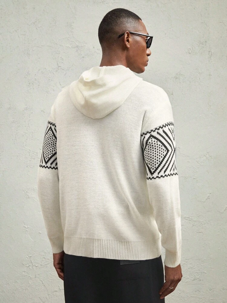 Men's Oversized Casual Color Blocking Pattern Knitted Hooded Cardigan, Suitable For Autumn And Winter