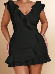 SHEIN BAE Vestido blanco de encaje dulce con cuello en V profundo, sin mangas, con volantes y espalda descubierta para mujer de talla grande para verano, para citas. Vestidos blancos para mujeres. De regreso a la escuela para chicas