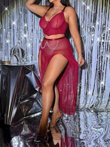 Conjunto de lencería sexy de talla grande con encaje y perlas