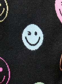 SHEIN Explorewe Girls' Colorful Smiling Face Jacquard Knit Sweater,Vibrant Crew Neck Soft Warm Pullover For Autumn,School,Back-To-School,Casual Comfortable Knitwear - Black - View 6