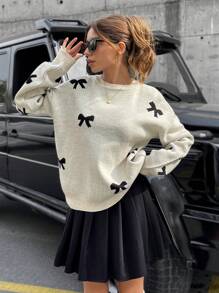 SHEIN Tall Maglione in maglia casual ampio con collo rotondo, maniche a giro e decorazione a fiocco per donna