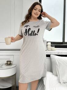 Plus Size Women's Eyelash & Letter Print Short Sleeve Midi Length Nightgown, Moo Moo Night Dress - Light Grey - View 4