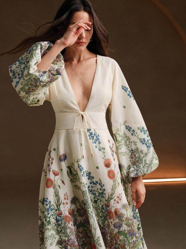 Floral Print Long Sleeve Linen-Like Casual Dress, Early Autumn