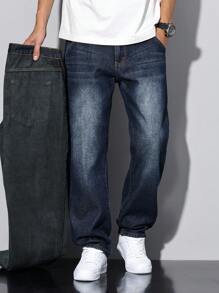 Manfinity Homme 男士水洗做旧保暖牛仔裤，纯色深蓝色长直筒深色水洗牛仔裤水洗工装牛仔裤，适合送给老公、男朋友的礼物