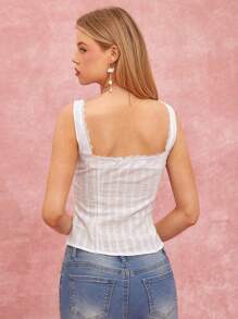 Enchnt Top de tirantes con cuello cuadrado, frente de encaje en contraste y lazo para mujer en verano