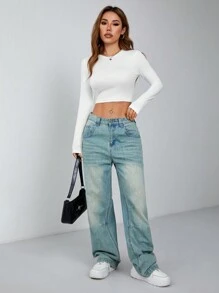 SHEIN PETITE Conjunto de 3 piezas de camisetas casuales y simples para mujeres, de cuello redondo, de manga larga y ajustadas en la Bottom