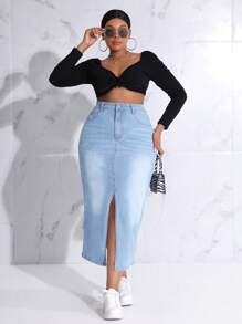 Slaydiva Váy denim dài maxi xẻ tà túi size lớn cho nữ - Rửa nhẹ - Xem 5