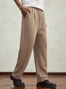 AKNOTIC Business Casual 男式针织松紧腰中腰直筒休闲裤 - 金属点缀，卡其色带字母