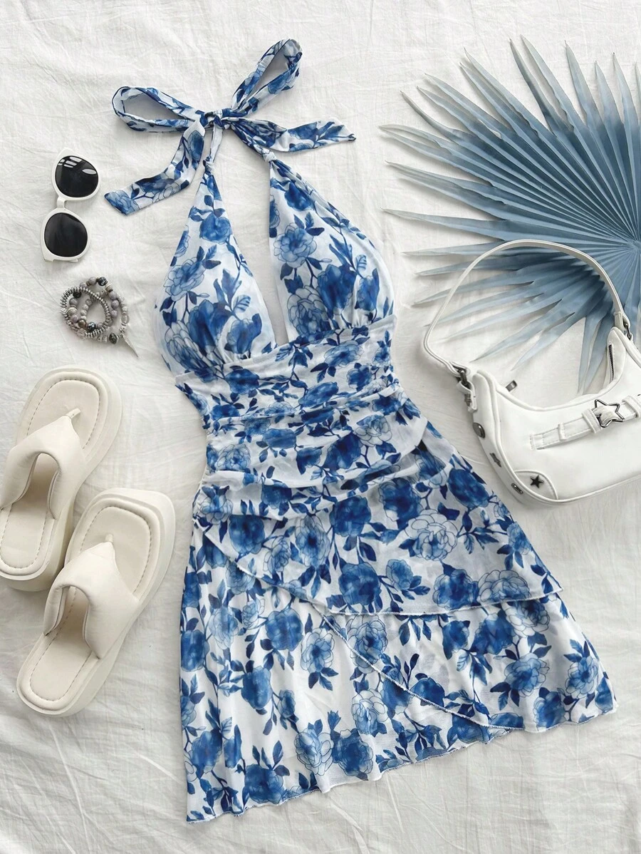 Soleia 女士夏日假日露背頸掛藍白花卉網紗連衣裙 - 藍白色 - 查看 1