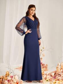 SHEIN Belle Váy dài tay cổ chữ V bằng vải lưới dệt kim màu xanh navy thanh lịch dành cho nữ có đính ngọc trai, phù hợp cho trang phục trang trọng phù dâu tiệc cưới - Màu xanh hải quân - Xem 7