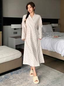 DAZY Women's Striped & Floral Wrap Long Sleeve Robe Pajama - Beige - View 4