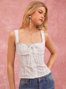 Enchnt Top de tirantes con cuello cuadrado, frente de encaje en contraste y lazo para mujer en verano