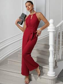 SHEIN Belle Bộ đồ liền thân hở lưng màu đỏ tía thanh lịch dành cho nữ - Màu Đỏ Sâu - Xem 4
