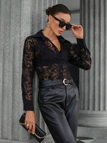 SHEIN Privé Blusa elegante y sexy de manga larga con tejido transparente de parches florales aleatorios que dejan entrever