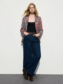 Maija 女式红色花卉印花翻领垫肩长袖前口袋时尚百搭度假风格西装外套，早春