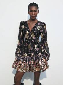 Maija Váy ngắn tay đèn lồng in họa tiết hoa thời trang xuân/hè thanh lịch cho nữ - Nhiều màu - Xem 6