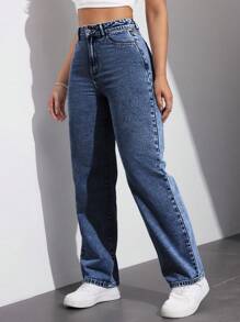 SHEIN EZwear Women's Straight Loose Casual Pocket Jeans - Blue - View 4