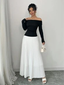 Chiquease 女士优雅撞色拼布露肩褶皱下摆连衣裙，春秋款