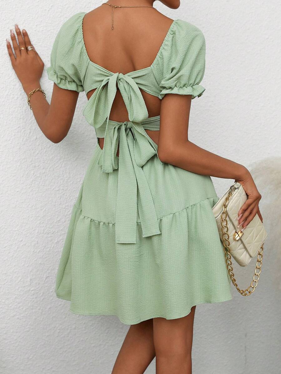 Breezaya Women's Vacation Solid Color Back Knot Mini Dress With Puff Sleeves & Ruffle Hem