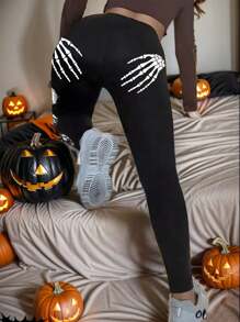 Flirla Skeleton Slogan Print Plus Size Quần legging thể thao cho Halloween - Nhiều màu - Xem 3
