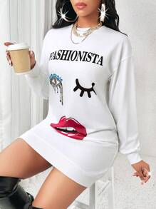 SHEIN Lady Portrait Lips Eyes Pattern 
Long Sleeve Sweatshirt White Hoodie  Women Sweatshirts Spring And Summer Casual Elegant Work