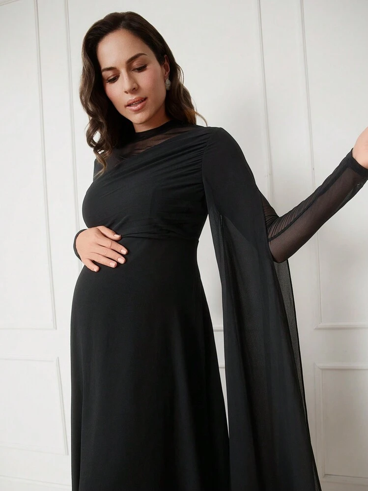 shein black maternity dress Elegant Black Maternity Maxi Dress Off Shoulder Flared Hem Long Sleeve  Formal Gown High Stretch Knitted Fabric
