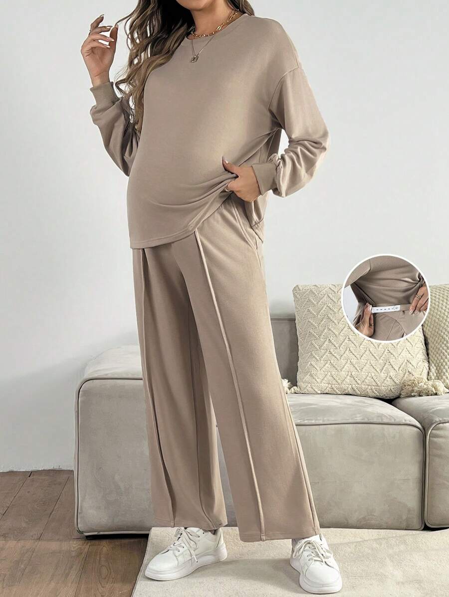SHEIN 2 件装孕妇纯色简约日常穿搭圆领长袖上衣和长裤套装 - 卡其色 - 查看 1