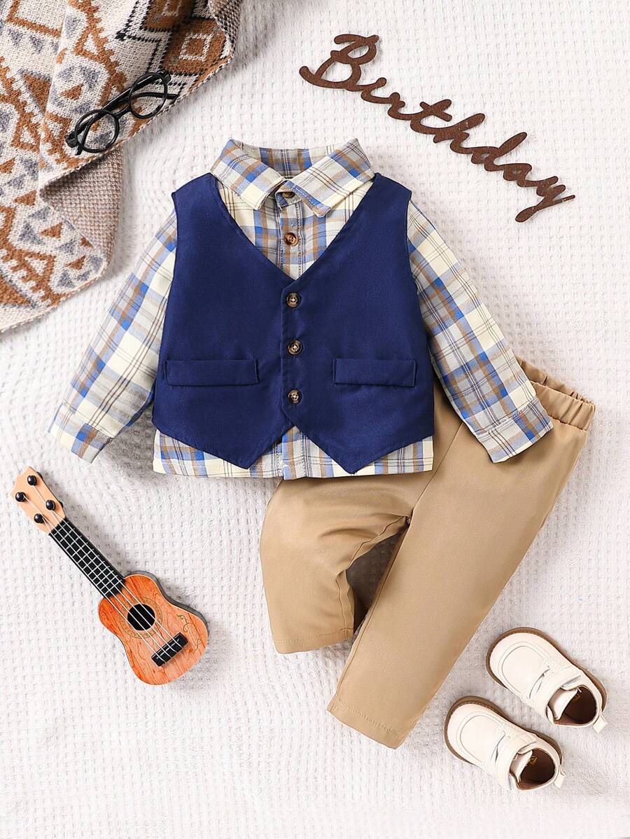 3pcs Baby Boys Plaid Shirt,Navy Vest And Khaki Pants Gentleman Suit Set,Cute Family Matching Outfit For Summer Photography,Party,Wedding,Beige - Multicolor - View 1