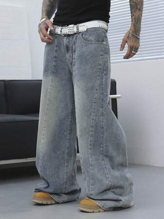 Manfinity Roghcode Men's Plus Size Loose Fit Pockets Wide Leg Casual Denim Jeans, Plain Wide Jeans Long Distressed Oversize Light Blue Cargo Jeans, For Husband, Boyfriend Gifts Going Out Hang Out Party Vacation Street