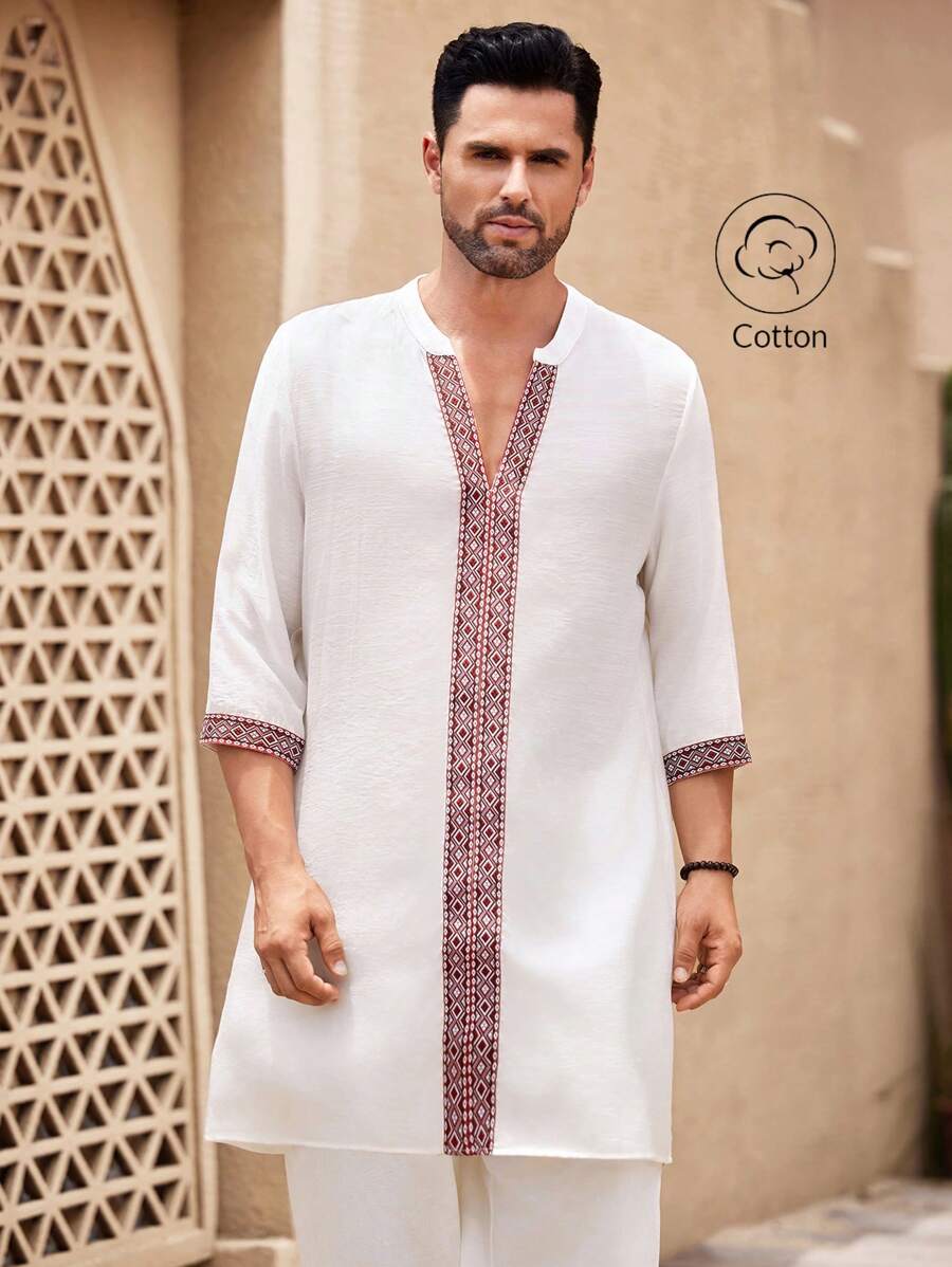 Manfinity KASUA Áo sơ mi chui đầu bằng vải lanh dài tay 3/4 dành cho nam - trắng - Xem 1