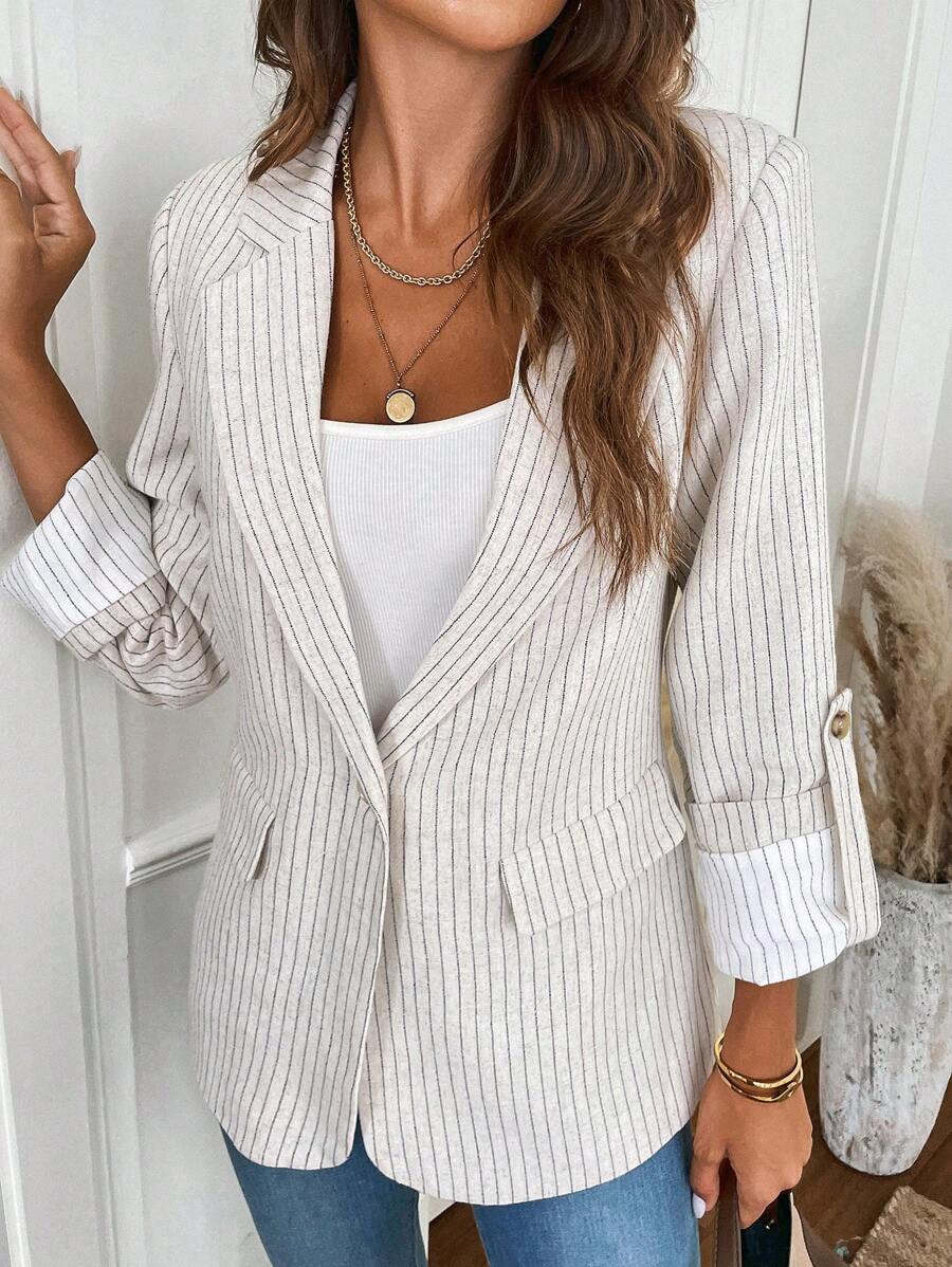 SHEIN LUNE 女士休闲条纹卷袖西装外套，秋冬 - 杏色 - 查看 1