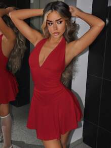 SHEIN ICON Y2k Solid Color Deep V-Neck Backless Halter Neck Summer White Tennis Golf Dress - Red - View 3