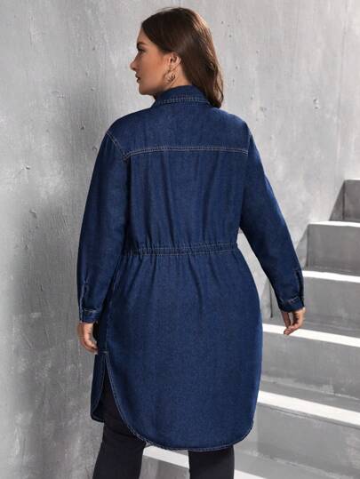 EMERY ROSE Mature Denim Plus Size Women Drawstring Waist Long Sleeve Casual Loose Denim Jacket, Spring & Autumn, Fall Women Clothes