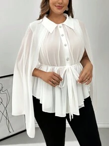 SHEIN Privé Plus Size Women Minimalist Comfortable Pleated White Blouse For Work & Prom - White - View 7