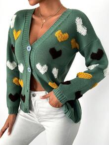 EURMUSE Heart Pattern Drop Shoulder Cardigan - Green - View 5