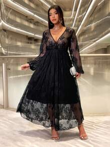 Celure Plus Size Women's Solid Color Lace Patchwork Long Sleeve Dress