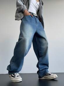 Claim Dot Men's Light Blue Vintage Distressed Washed Loose Fit Baggy Jeans - Dark Wash - View 3