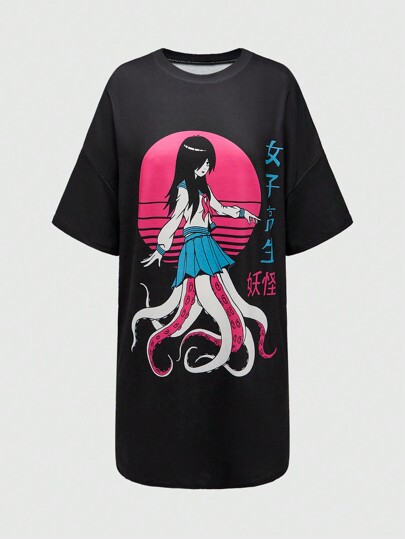 Vincenttrinidadart Anime-Style Cartoon High School Girl Uniform Campus Octopus Print Women Short Sleeve Casual Dress