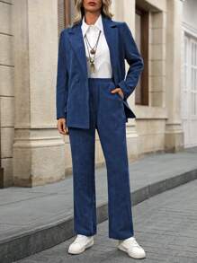 EMERY ROSE 2 件套女士西装外套和裤子套装，纯色翻领长袖春秋装 - 藍色 - 查看 1